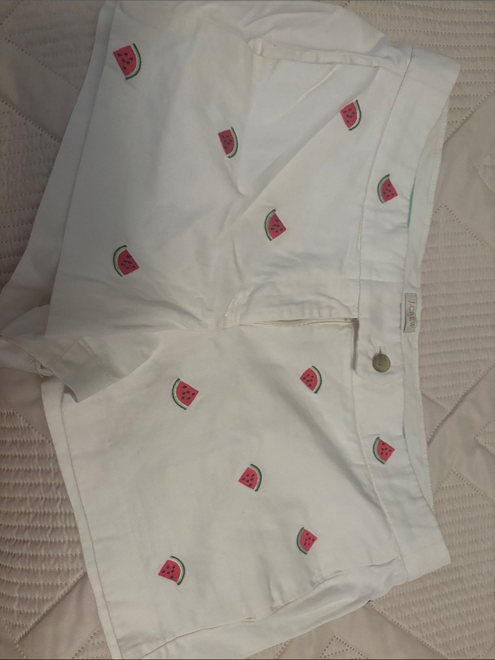 J. Crew White Shorts with Pink & Green Watermelon Embroidery